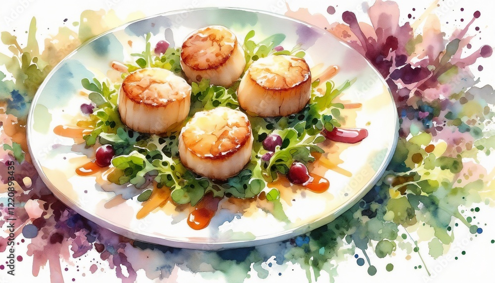 Watercolor scallops with reduction sauce on microgreens in rich hues Watercolor scallops with reduction sauce on microgreens in rich hues