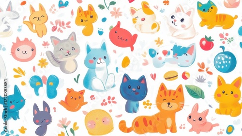 A collection of cute cartoon animal stickers, featuring a smiling cat, dog, rabbit, and panda with pastel-colored backgrounds.