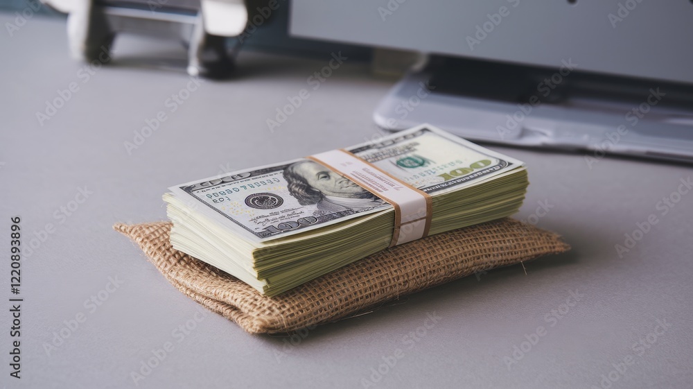 Naklejka premium Dollar bills on burlap with bribe or reward concept