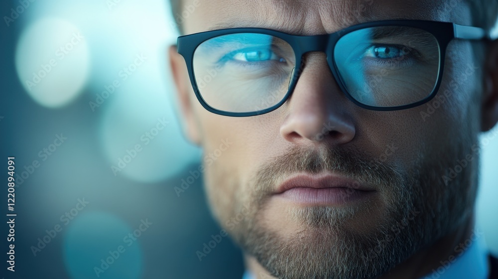 Close-up of a man wearing glasses with a serious expression in a blurred urban setting during daytime Close-up of a man wearing glasses with a serious expression in a blurred urban setting during daytime