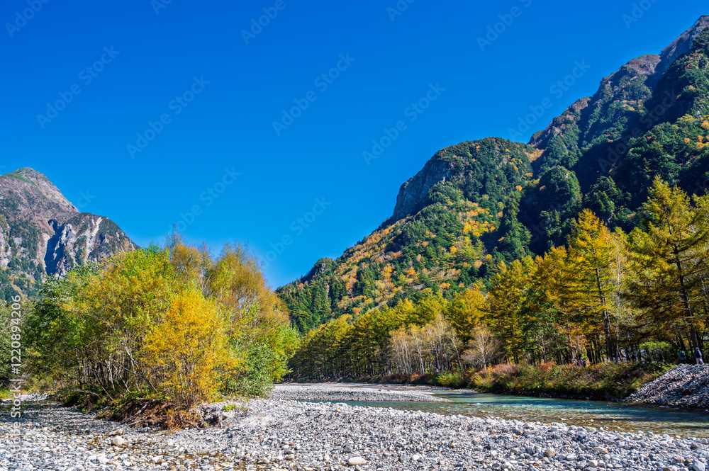 Autumn season of Kamikochi, Chubu-Sangaku National Park, Japan Beautiful mountain, Nature landscape at Kamikochi Japan, autumn in the Northern Japan Alps, Matsumoto, Nagano, Japan