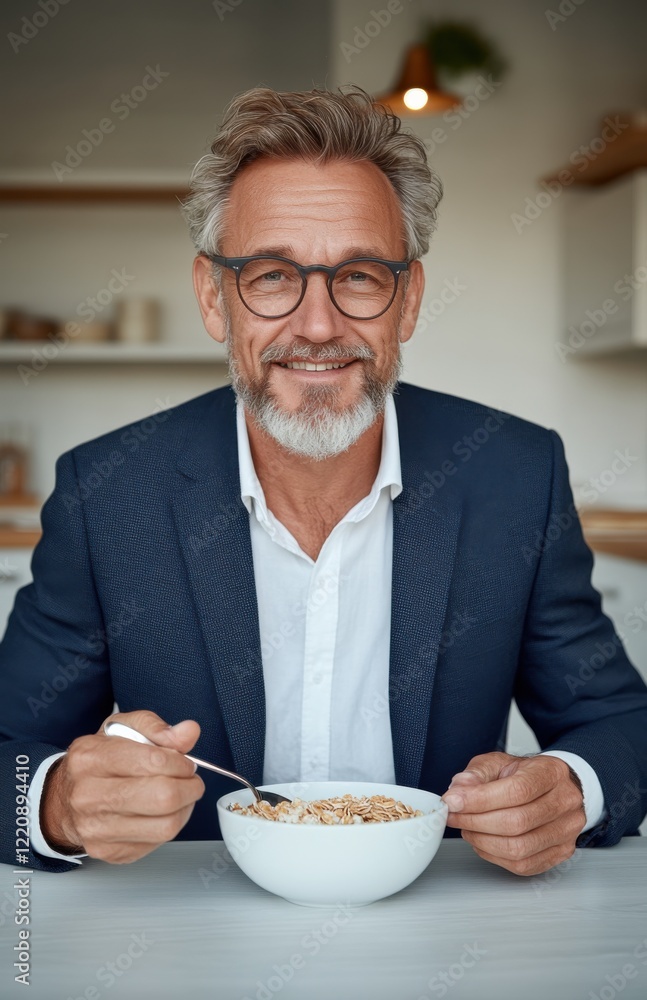 Mature man enjoying a healthy breakfast in a modern kitchen while dressed in business attire Mature man enjoying a healthy breakfast in a modern kitchen while dressed in business attire