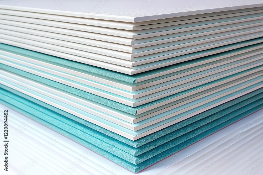 Neat Stack of Clean Plasterboard Sheets Isolated on White Background - Construction Material Neat Stack of Clean Plasterboard Sheets Isolated on White Background - Construction Material