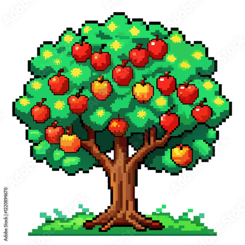 Pixel Art Apple Tree with Ripe Red and Yellow Apples on Green Grass