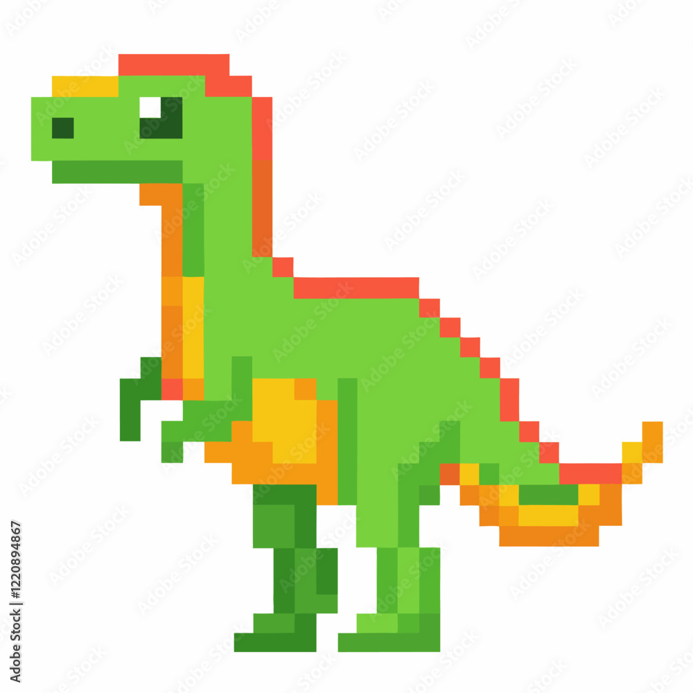 Retro Pixel Art Dinosaur Character Roaring in Bright Green and Orange Colors Retro Pixel Art Dinosaur Character Roaring in Bright Green and Orange Colors