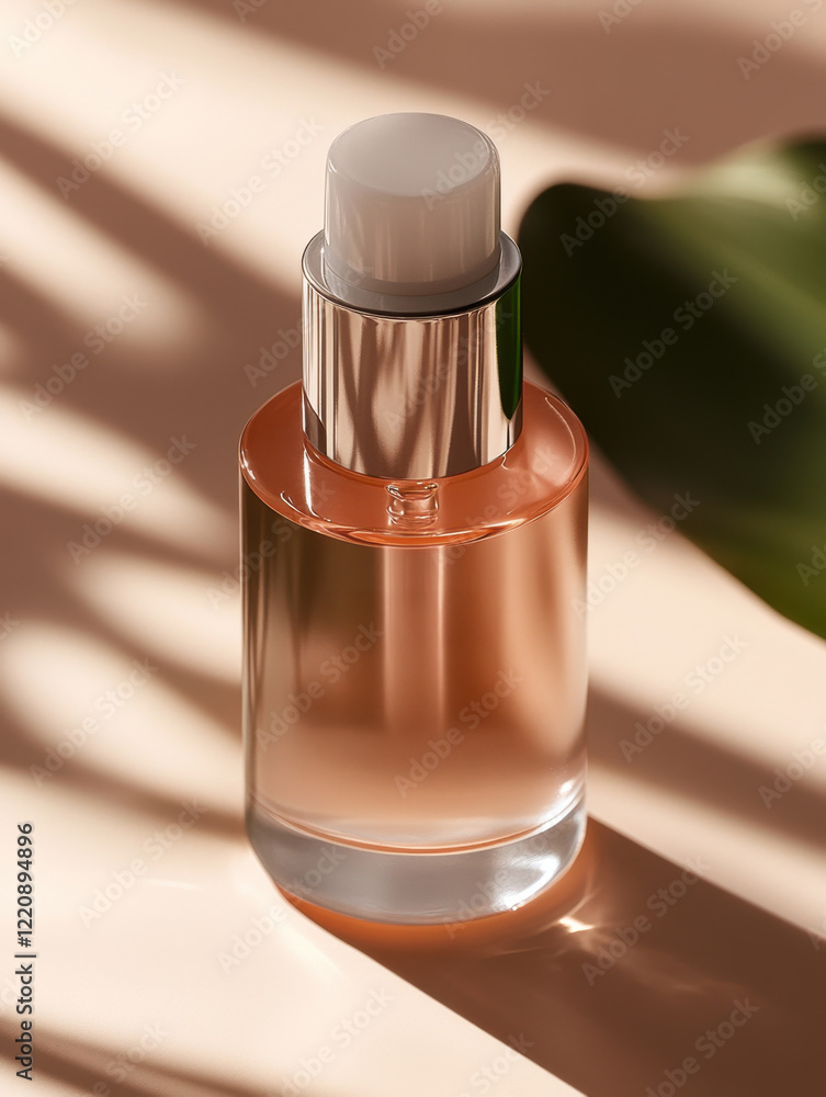 Naklejka premium Elegant glass bottle containing a cosmetic serum, set against a warm background with natural light creating soft shadows