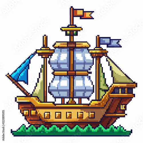 Retro Pixel Art Sailing Ship with Flags and Waves
