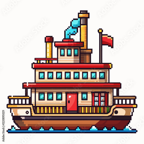 Retro Pixel Art Steamboat with Flag and Smoke Stack on Animated Water