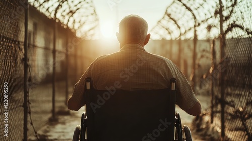 This image features the back of an elderly man in a wheelchair, captured in a dimly lit corridor that conveys a sense of solitude and reflection amid constructed boundaries. photo