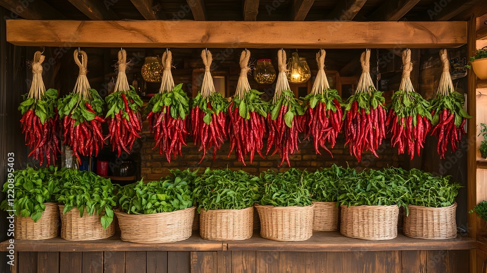 custom made wallpaper toronto digitalFreshly Harvested Red Chilies and Green Herbs Hanging Decoratively in a Rustic Market Stall, Capturing the Essence of Vibrant Culinary Ingredients and Fresh Produce