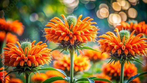 Close-up of vibrant orange Leonotis leonurus flowers, showcasing intricate details and medicinal plant properties. photo