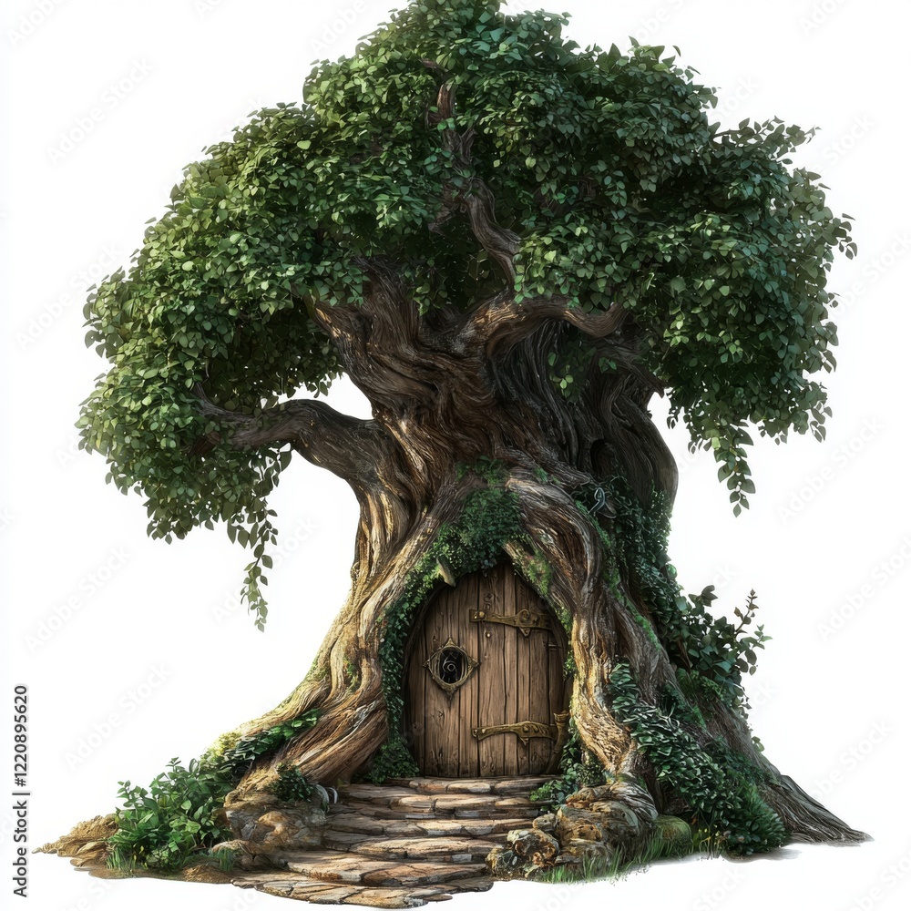 Fototapeta premium Enchanted Tree with Rustic Wooden Door Surrounded by Lush Greenery and Whimsical Nature Elements