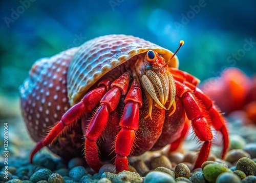 Close-up Red Hermit Crab Dardanus Calidus Shell Ocean Wildlife Macro Photography photo