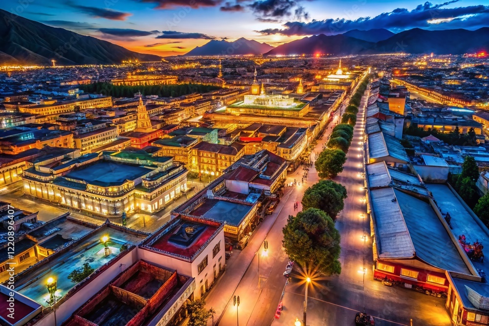 Fototapeta premium Night Aerial View of Lhasa's Barkhor Street and Jokhang Temple, Tibet