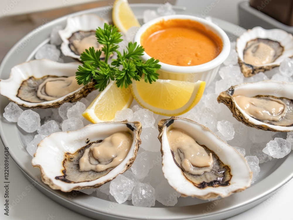 Fresh Oysters on Ice with Lemon Wedges and Sauce Garnish Fresh Oysters on Ice with Lemon Wedges and Sauce Garnish