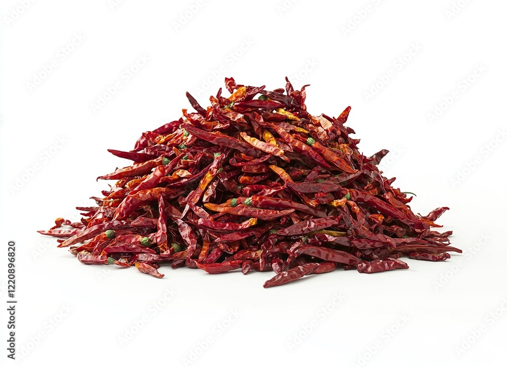 Fototapeta premium Pile of red chili peppers isolated on a white background with a clipping path, flying hot chili pepper stock photo, 