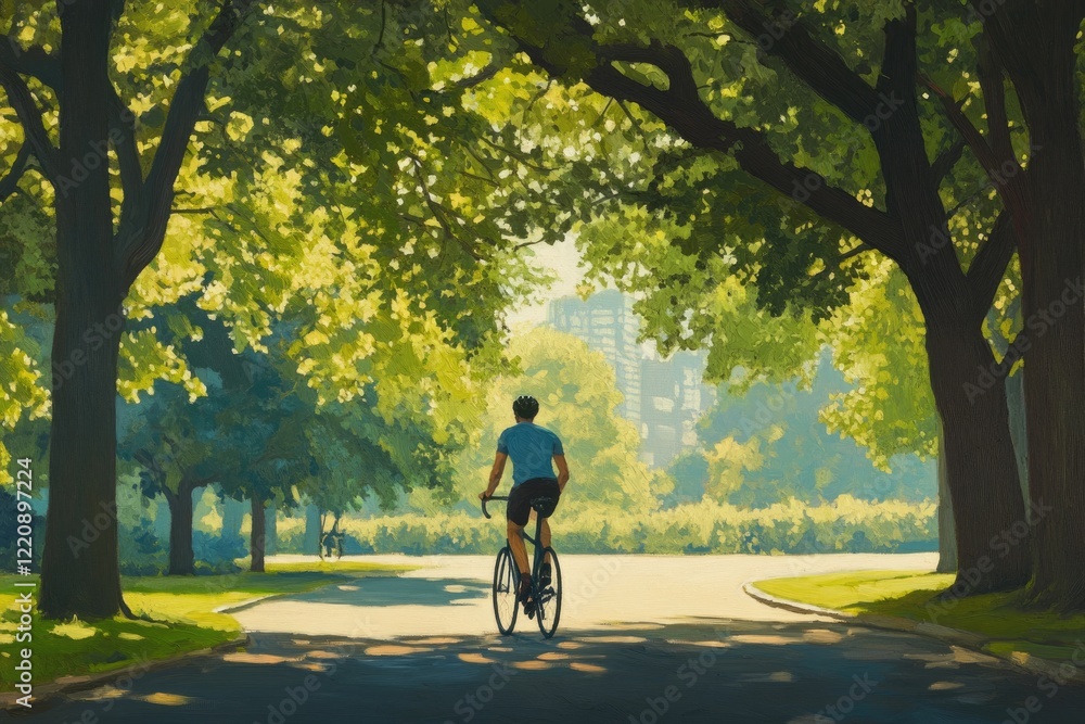 Fototapeta premium A cyclist enjoys a sunny ride through a park's tree-lined path.
