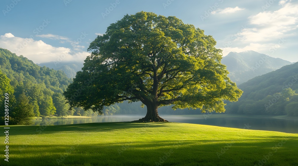 Fototapeta premium Majestic Oak Tree Surrounded by Lush Greenery Near Serene Lake in a Picturesque Mountain Landscape Under Clear Blue Skies at Sunrise