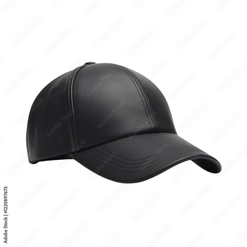 Fototapeta premium Black Baseball Cap with Curved Brim and Smooth Leather-Like Finish Isolated on Transparent Background PNG