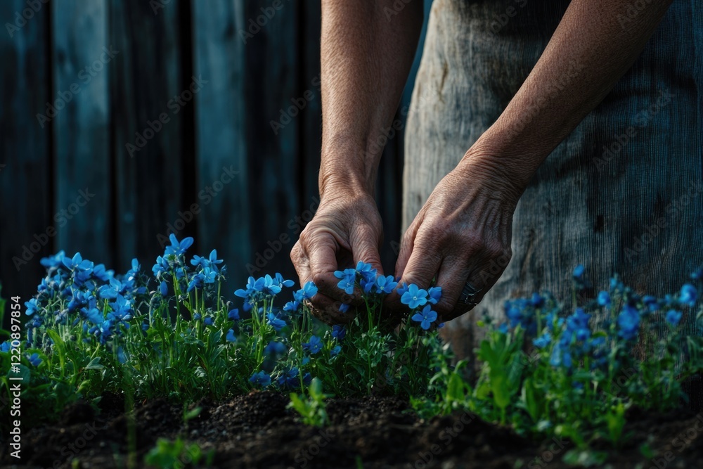 Naklejka premium Elderly woman's hands gently tend to a vibrant patch of blue flowers in a garden.