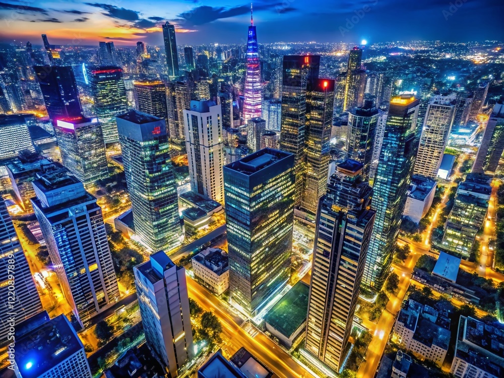 Fototapeta premium Night Cityscape Aerial View: Stunning Illuminated Skyscrapers & Modern Architecture