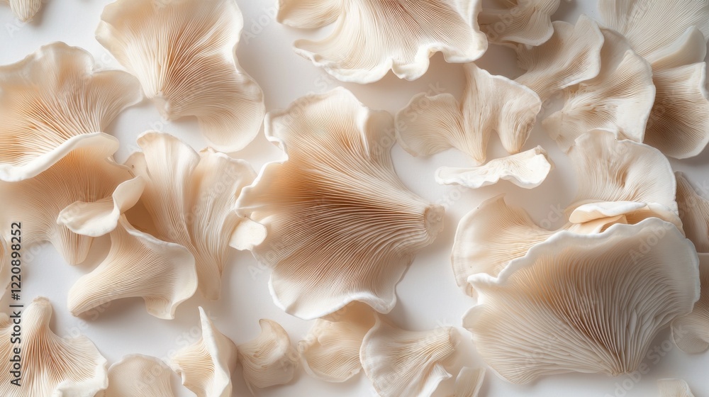 A group of oyster mushrooms with soft, wavy caps in a pale beige color, arranged elegantly on a white background. A group of oyster mushrooms with soft, wavy caps in a pale beige color, arranged elegantly on a white background.