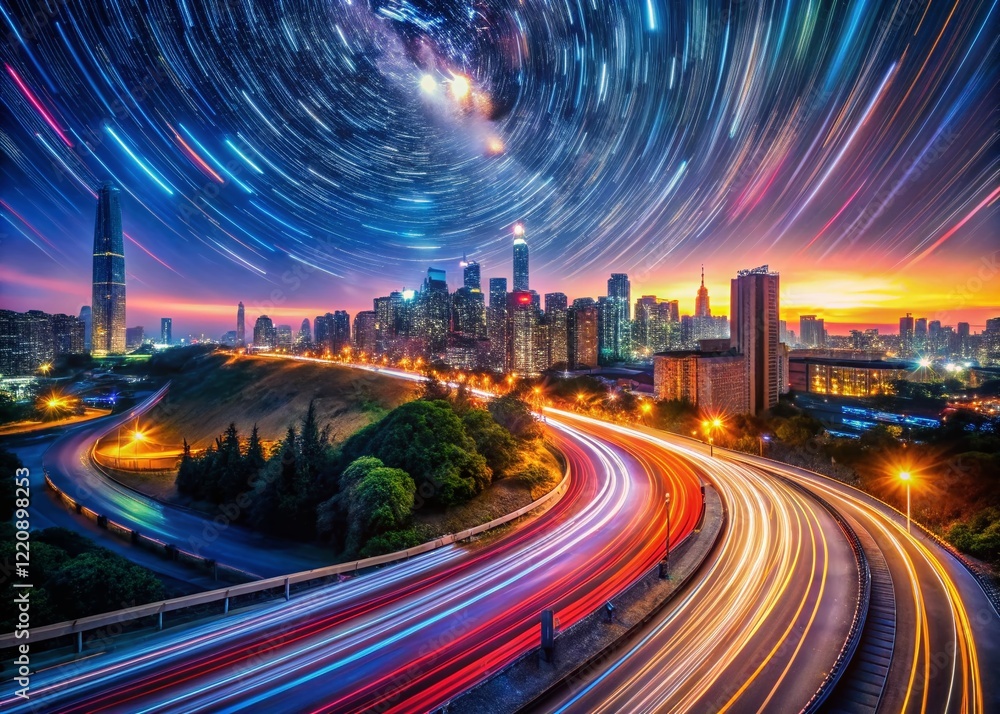 Fototapeta premium Night Cityscape: Start and Finish of a Journey - Urban Lights at Dusk