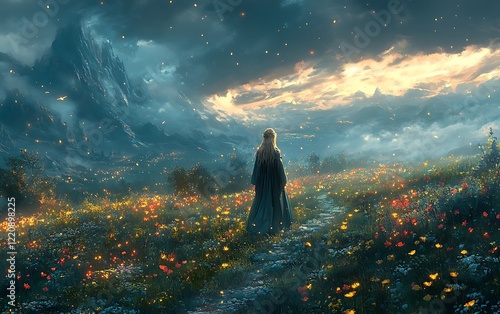 Woman in Glowing Flower Meadow Digital Painting