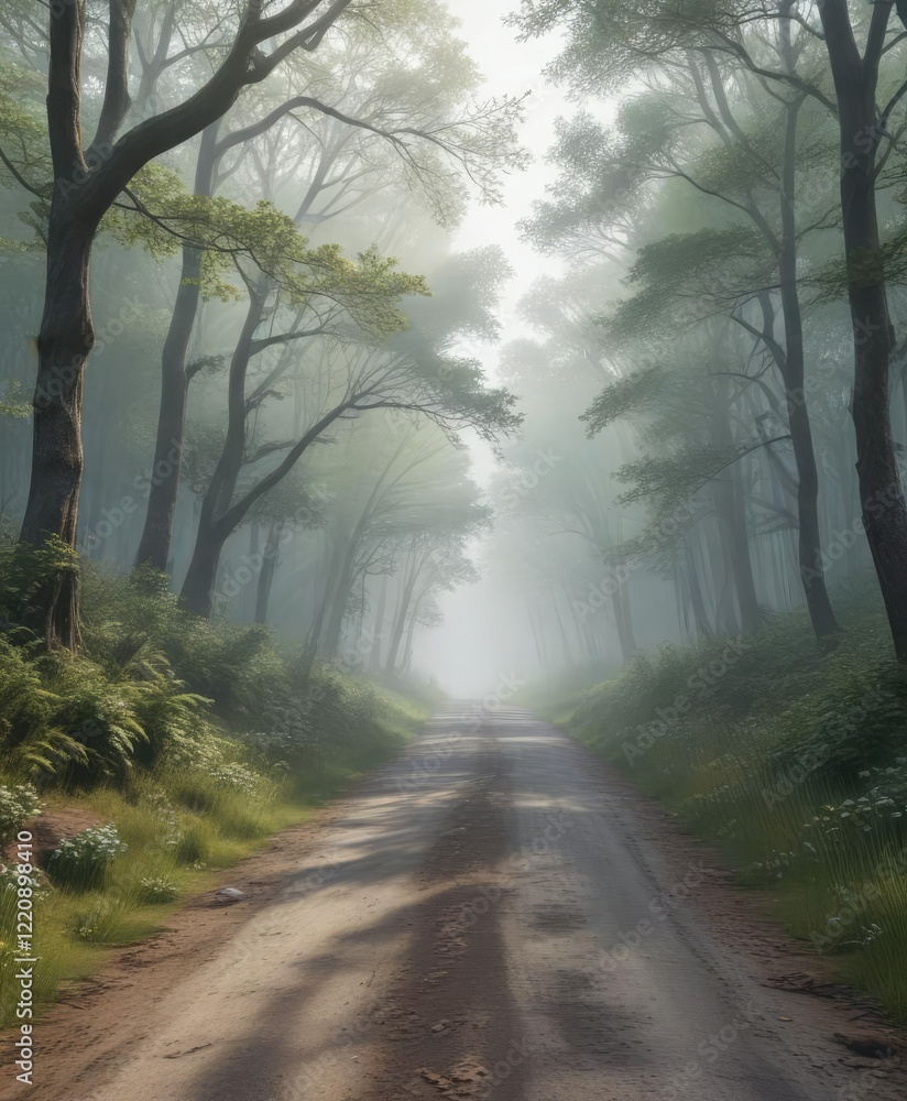 Naklejka premium A misty forest with a calm country road winding through it on a spring morning, rural scenery, misty forest