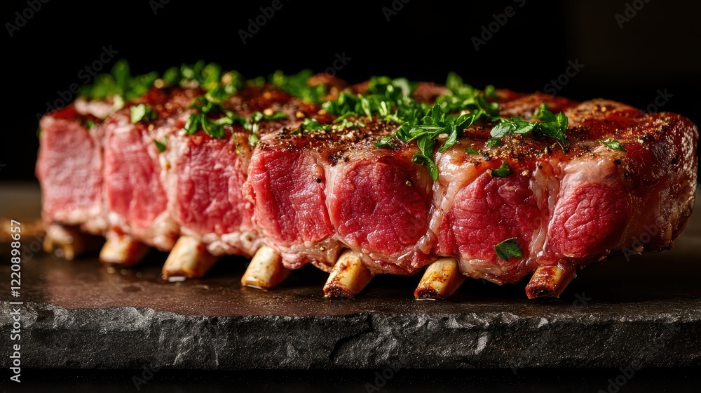A beautifully roasted piece of meat, garnished with fresh herbs, showcasing exquisite textures and colors, ideal for capturing the essence of gourmet dining and culinary art. A beautifully roasted piece of meat, garnished with fresh herbs, showcasing exquisite textures and colors, ideal for capturing the essence of gourmet dining and culinary art.