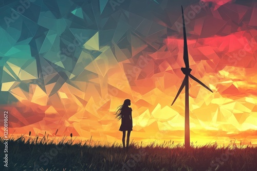 Silhouetted girl gazes at a wind turbine during a vibrant sunset, a scene rendered in a low-poly art style. photo