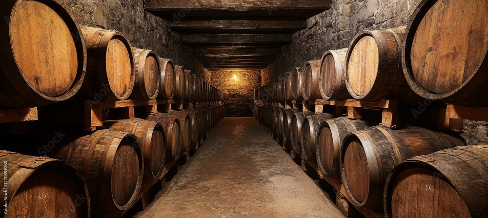 Wine barrel at underground cellar Generative AI technology.
Wine barrel at underground cellar Generative AI technology.