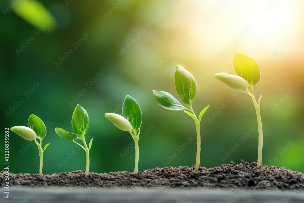 A row of small green plants growing upward out of the ground A row of small green plants growing upward out of the ground