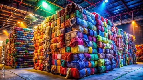 Colorful Textile Bales: Eco-Friendly Fashion Recycling Center - Long Exposure Photography