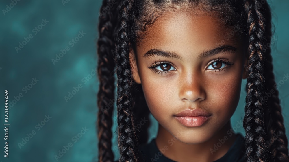 This striking portrait captures a young girl with stunning, intricately braided hair, highlighting her captivating features and the warm glow of her expressive eyes against a subtle backdrop. This striking portrait captures a young girl with stunning, intricately braided hair, highlighting her captivating features and the warm glow of her expressive eyes against a subtle backdrop.