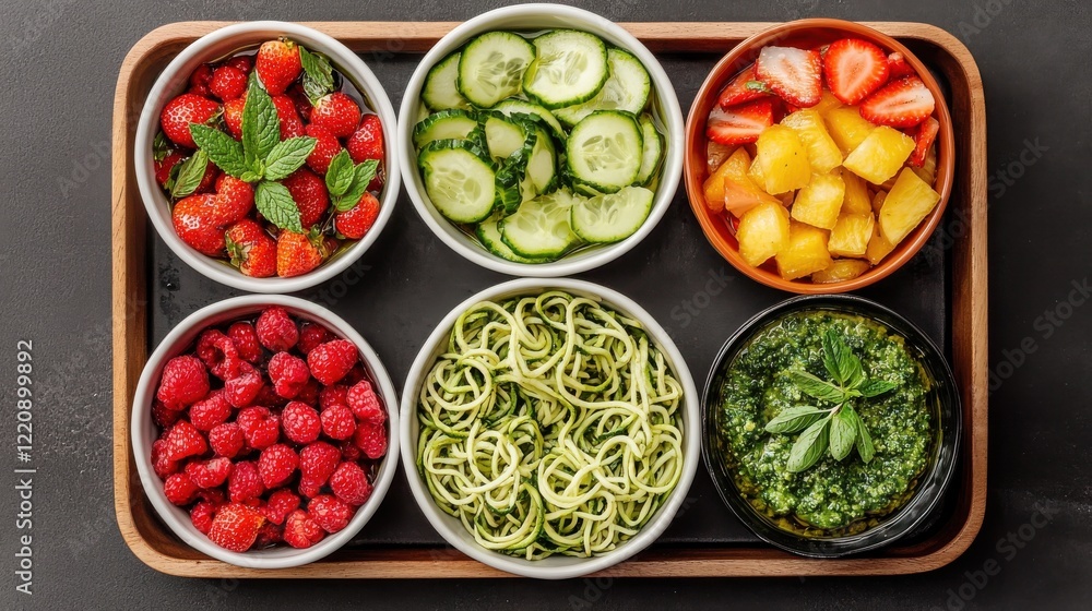 A vibrant assortment of fresh fruits and vegetables in bowls, including raspberries, cucumbers, and melon, arranged neatly on a wooden tray. A vibrant assortment of fresh fruits and vegetables in bowls, including raspberries, cucumbers, and melon, arranged neatly on a wooden tray.