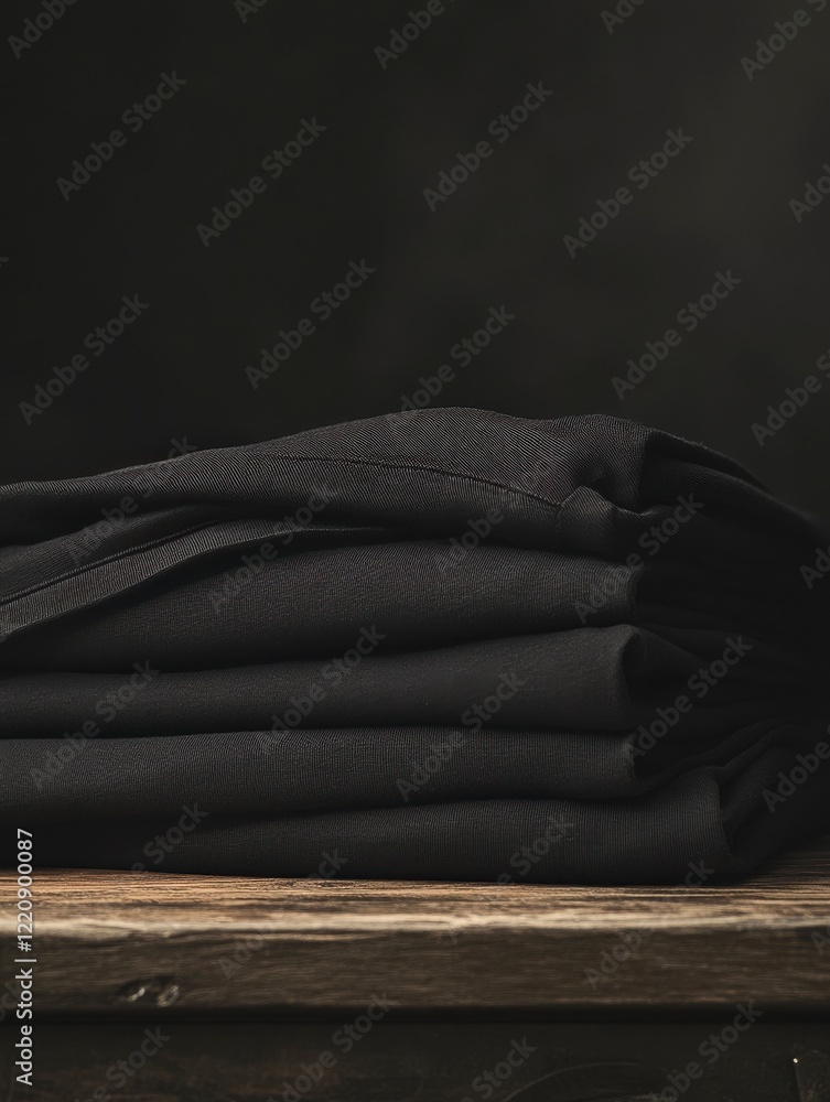 pristine stack of black t-shirts meticulously folded on washing machine surface. pristine stack of black t-shirts meticulously folded on washing machine surface.