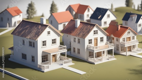 Wallpaper Mural Stylized 3D render of a suburban neighborhood with several charming, small houses, perfect for real estate, housing, or home design concepts. Torontodigital.ca