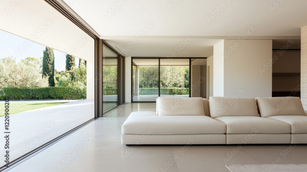 Fototapeta premium A modern, minimalistic living room featuring a large sofa, expansive glass walls, and views of a lush outdoor space.
