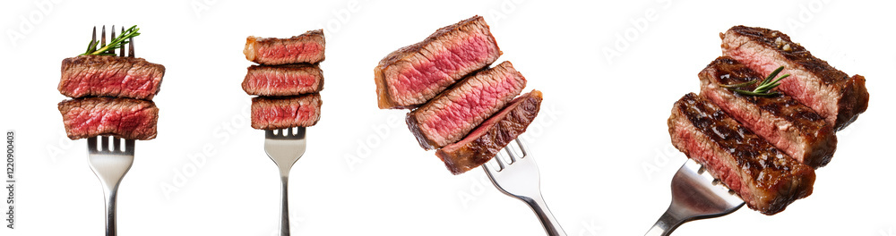 Close-up of several forks holding varying numbers of grilled steak pieces, showcasing different levels of doneness. Close-up of several forks holding varying numbers of grilled steak pieces, showcasing different levels of doneness.