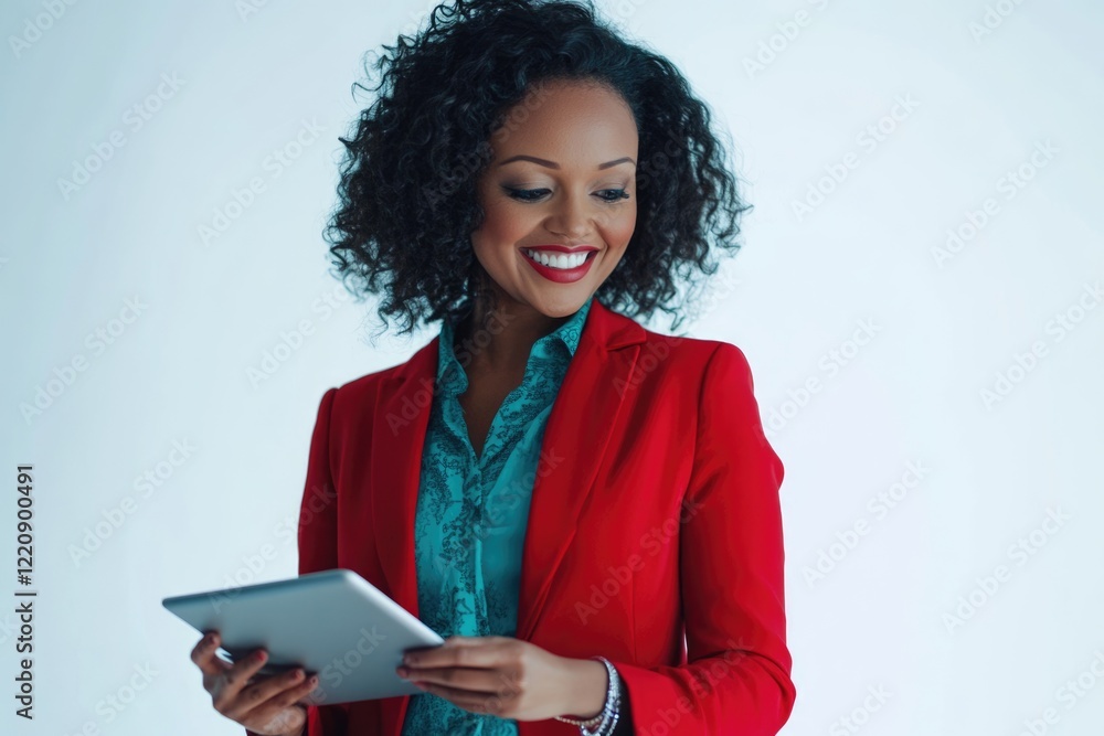 A smiling businesswoman in a red blazer uses a tablet, showcasing modern professionalism and technology. A smiling businesswoman in a red blazer uses a tablet, showcasing modern professionalism and technology.