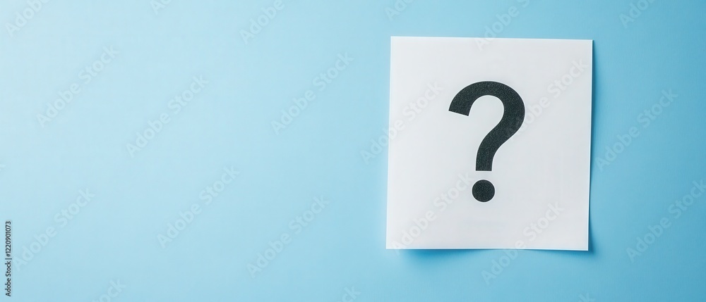 A question mark positioned on a piece of paper with a blue background A question mark positioned on a piece of paper with a blue background