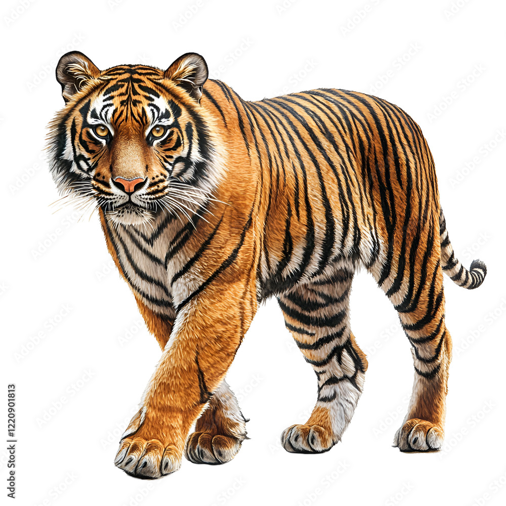 Obraz premium Angled view full body shot of an extremely perfect looking single Malayan Tiger animal isolated on a white transparent background