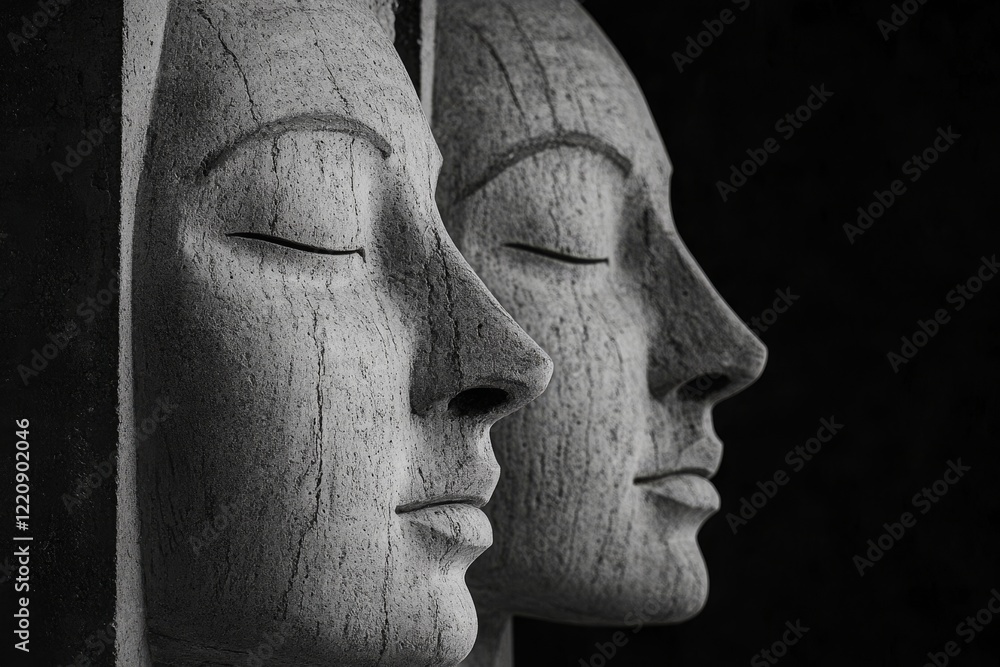 Two serene, carved faces in profile, showcasing intricate details and a contemplative expression against a dark background. Two serene, carved faces in profile, showcasing intricate details and a contemplative expression against a dark background.