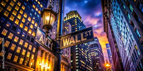 Night Photography of Wall Street Sign  Iconic New York City Financial District Landmark at Dusk