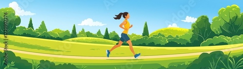 Young Woman Running in a Scenic Park During Bright Sunny Day in Vibrant Nature Landscape