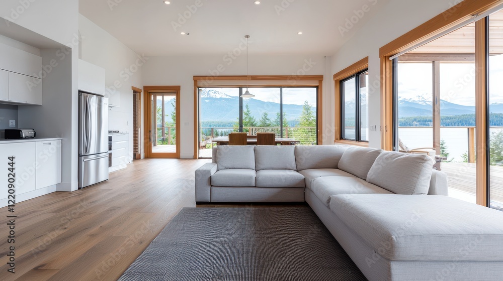 Fototapeta premium A modern, airy living room featuring large windows, a comfortable sectional sofa, and beautiful mountain views.