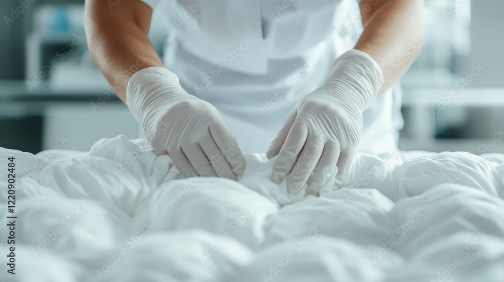 Fototapeta premium A medical professional methodically arranging clean linens in a hospital setting, showcasing the importance of cleanliness and order in maintaining a safe patient environment.