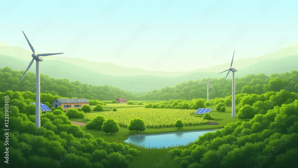 A peaceful windmill stands amidst an organic farm, surrounded by lush greenery and a serene lake. A peaceful windmill stands amidst an organic farm, surrounded by lush greenery and a serene lake.