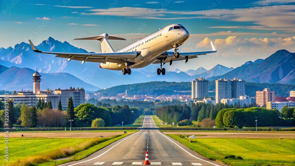 CRJ1000 Regional Jet Landing at Bergamo Airport, Italy - Copy Space Left CRJ1000 Regional Jet Landing at Bergamo Airport, Italy - Copy Space Left